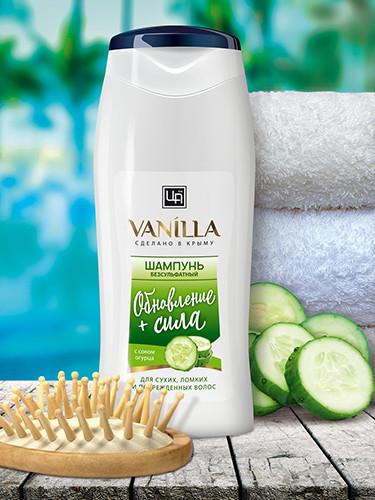 Бессульфатный шампунь «VANILLA» с огуречным соком для сухих, ломких и поврежденных волос, 250 мл.
